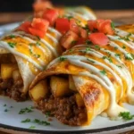 Cheesy Beef and Potato Burritos with Nacho Sauce on plate