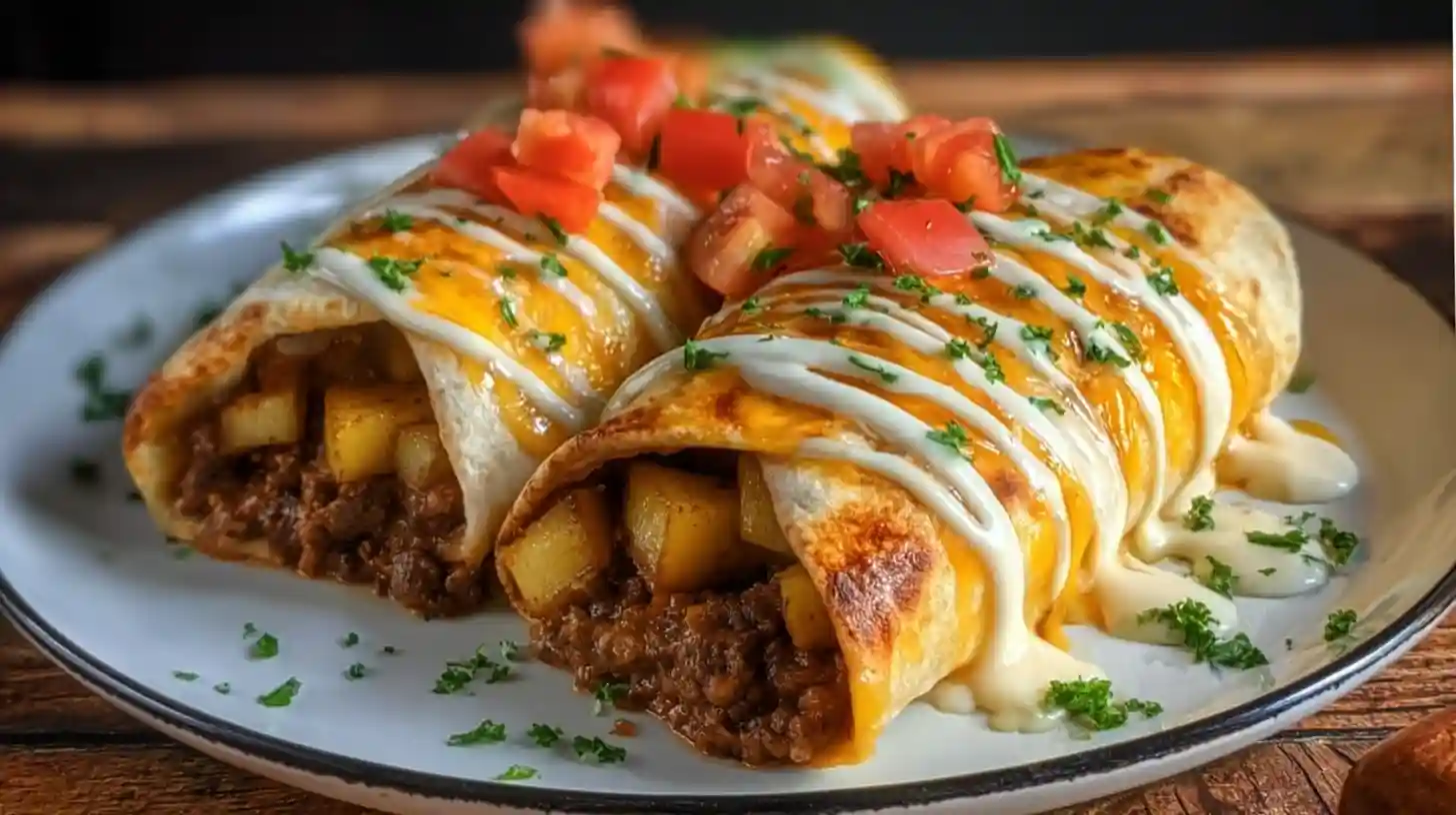 Cheesy Beef and Potato Burritos with Nacho Sauce | Easy
