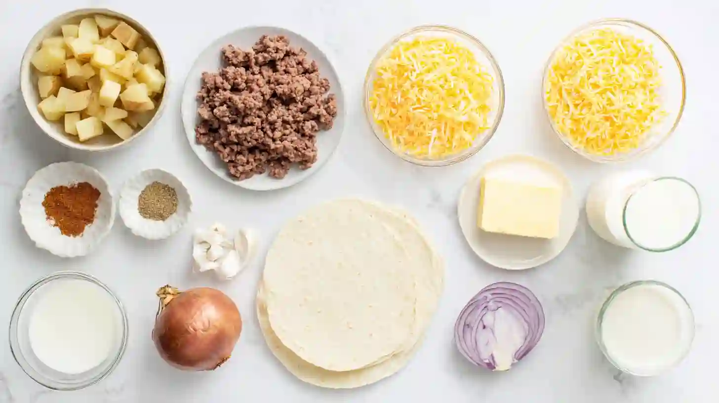 cheesy-beef-and-potato-burritos-with-nacho-sauce-ingredients ingredients for Cheesy Beef and Potato Burritos with Nacho Sauce laid out on counter