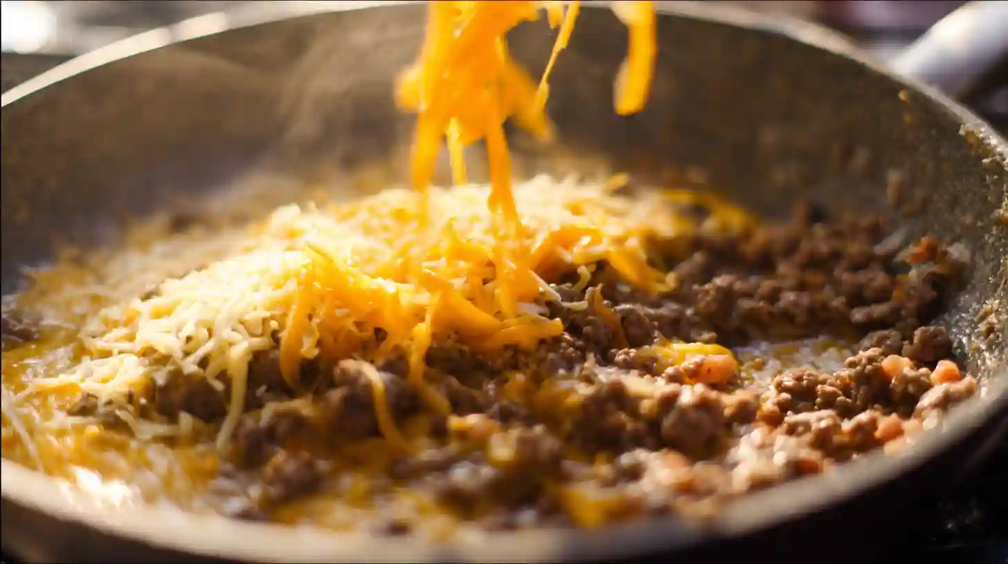cheesy-ground-beef-meal-prep-step2 High-protein meal prep with melted cheddar and Parmesan stirred into ground beef – ideal for budget family meals and quick dinners under 30 minutes