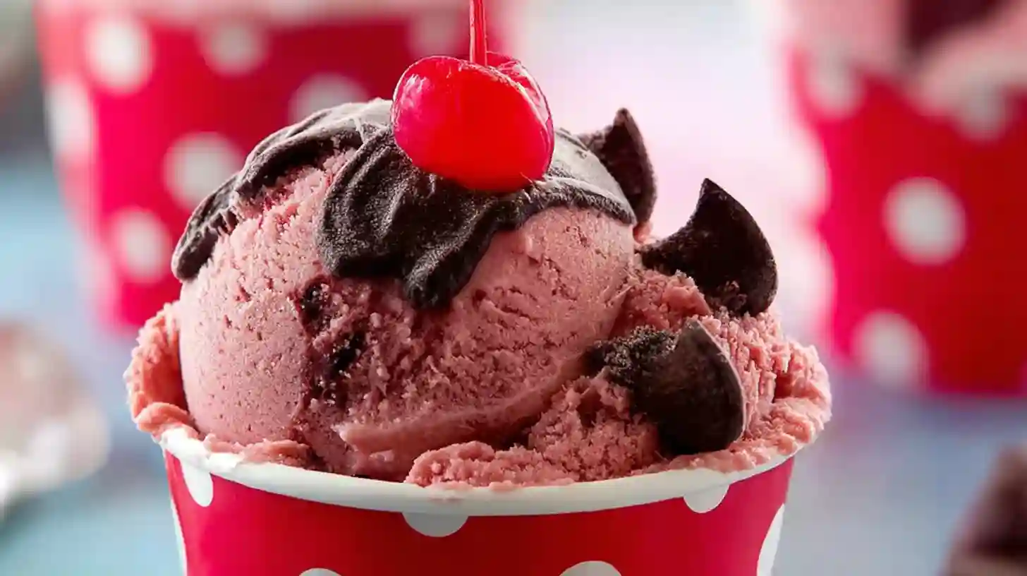 cherry-coke-ice-cream-Recipe-servid Finished Cherry Coke Ice Cream scoops with cherry.summer dessert ideas