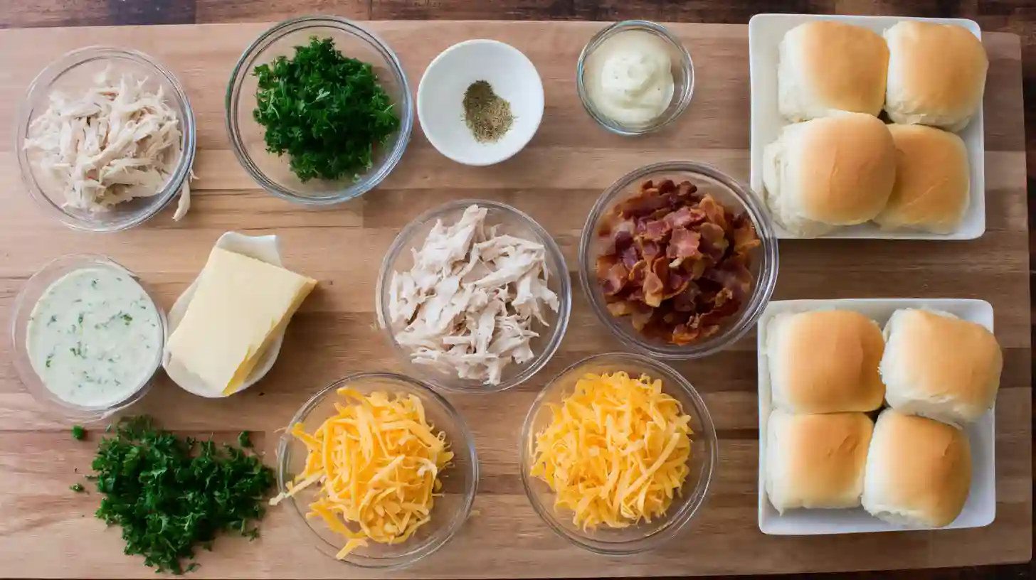 chicken-bacon-ranch-sliders-recipe-ingredients Ingredients for Chicken Bacon Ranch Sliders Recipe laid out on a counter