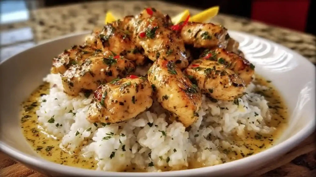 Chicken Scampi with Creamy Garlic Parmesan Rice in a white bowl – perfect one-pan dinner.easy weeknight chicken dinners.
