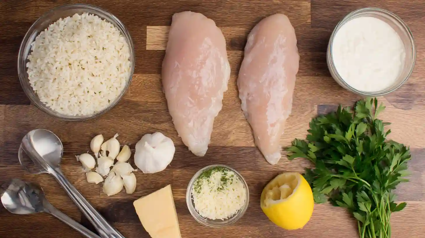 chicken-scampi-with-Creamy-garlic-parmesan-rice-ingredients Ingredients for Chicken Scampi with Garlic Parmesan Rice laid out on kitchen counter.quick chicken rice dinners.