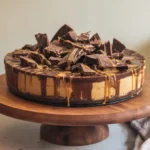 Chilled Caramel Chocolate Coffee Cheesecake topped with ganache and caramel drizzle for luxury dessert recipes
