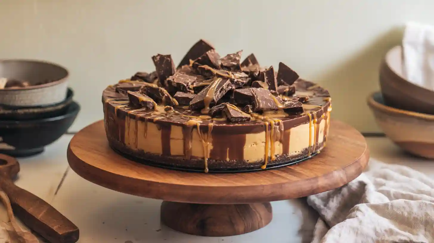 chilled-caramel-chocolate-coffee-cheesecake-finished Chilled Caramel Chocolate Coffee Cheesecake topped with ganache and caramel drizzle for luxury dessert recipes