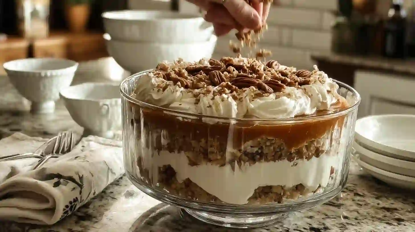 chilled-easy-pecan-pie-cheesecake-trifle-holiday-dessert chilled pecan pie cheesecake trifle topped with whipped cream and pecans for easy holiday dessert