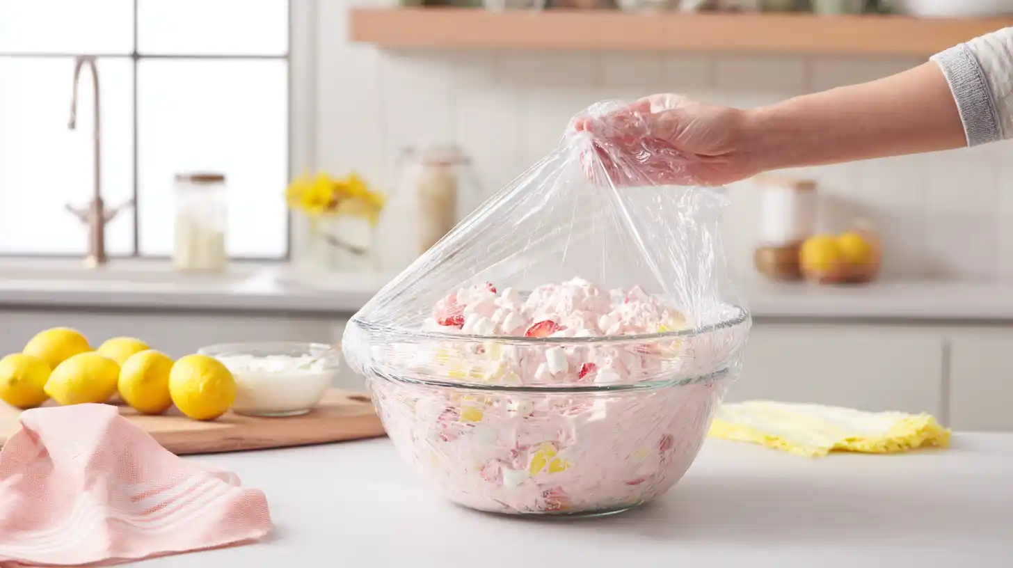 chilling-pink-lemonade-fluff-salad-refrigerator-step3 refrigerating pink lemonade fluff salad no bake Cool Whip dessert idea.kid-friendly party dessert recipes
