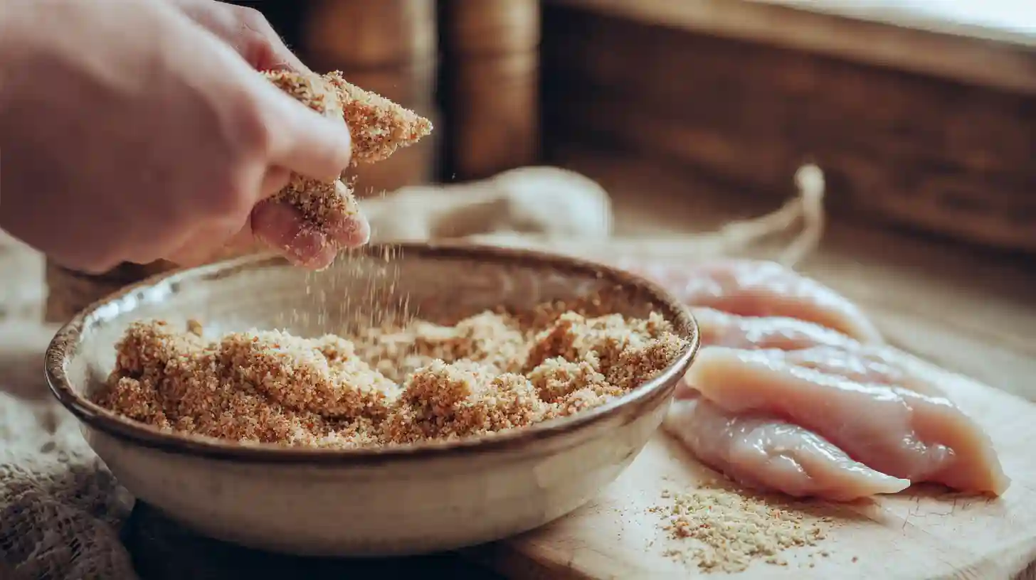 coat-season-chicken-crispy-burritos Seasoned chicken strips being coated for crispy parmesan garlic chicken burritos recipe