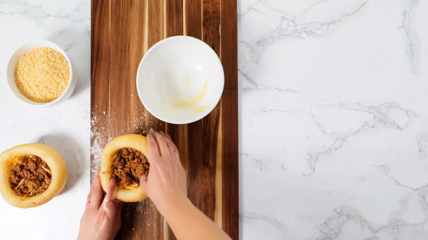 coating-bacon-cheeseburger-loaded-onion-ring-bombs-step4 Dredging crispy bacon cheeseburger loaded onion ring bombs in flour, egg, and breadcrumbs for high-protein snack recipes and easy deep fryer dinners