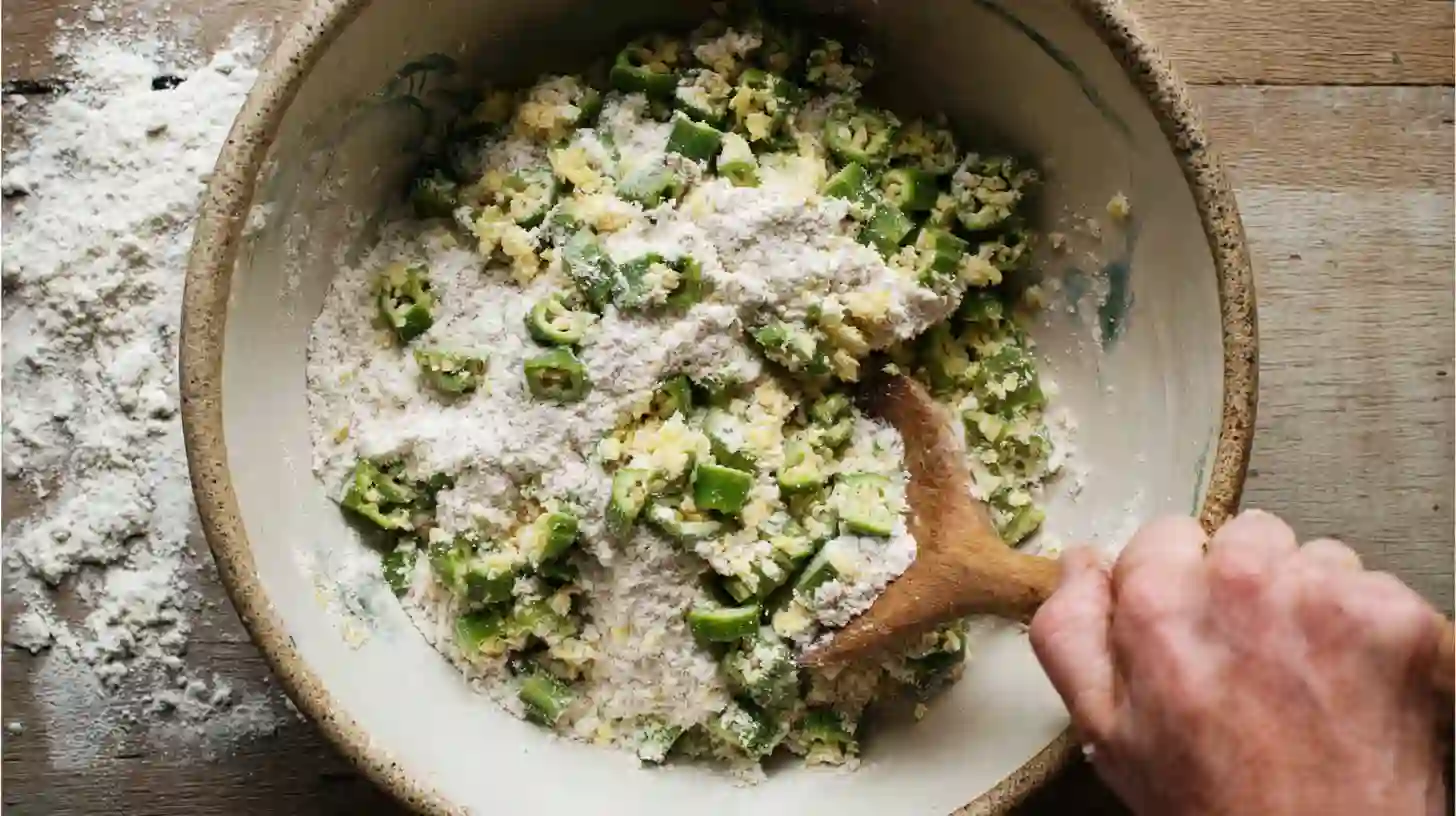 coating-okra-green-tomato-in-dry-mix Tossing okra and tomato in cornmeal and flour mixture