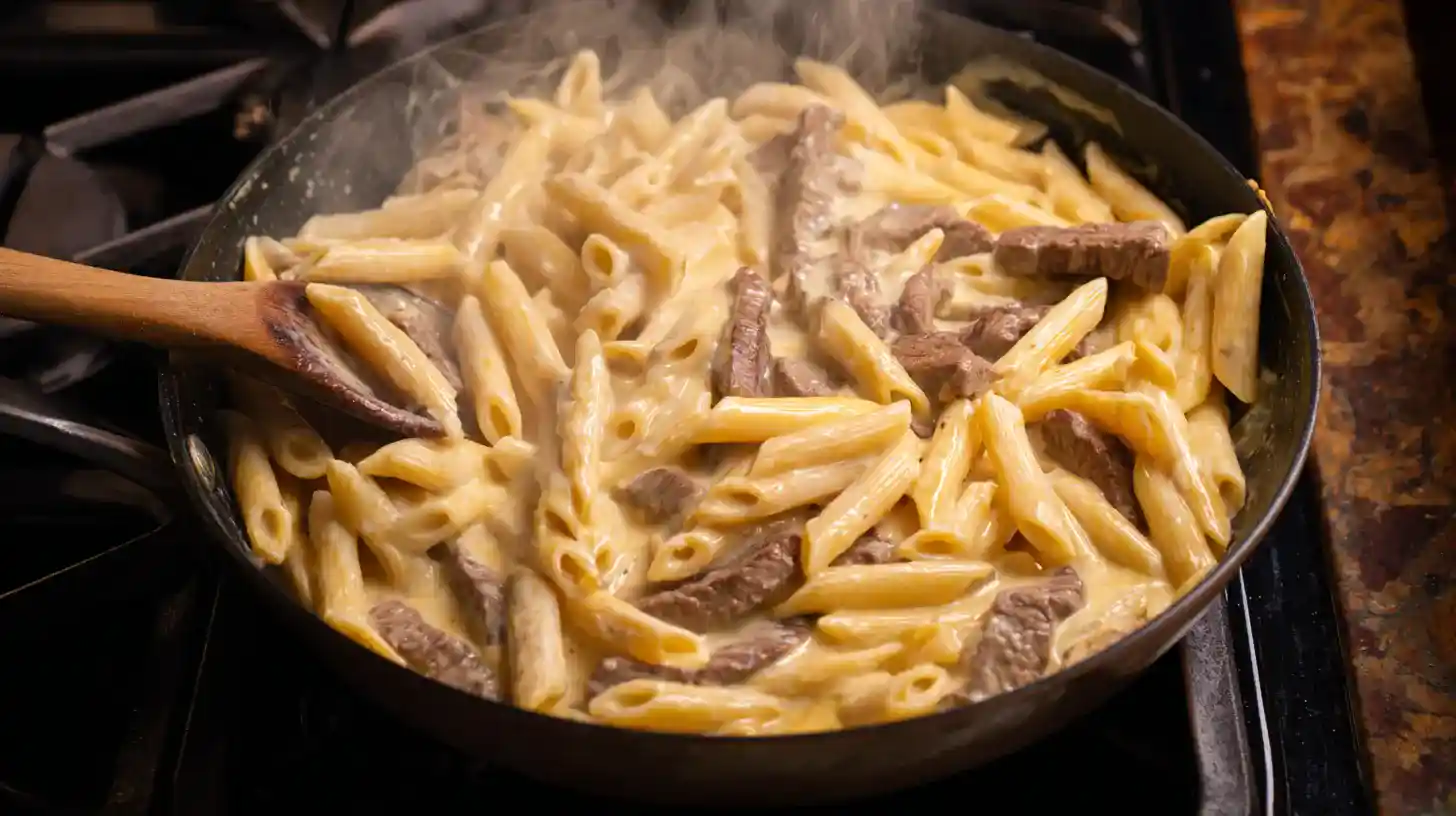 combine-cajun-steak-penne-step5 Tossing Cajun steak and penne in creamy cheese sauce
