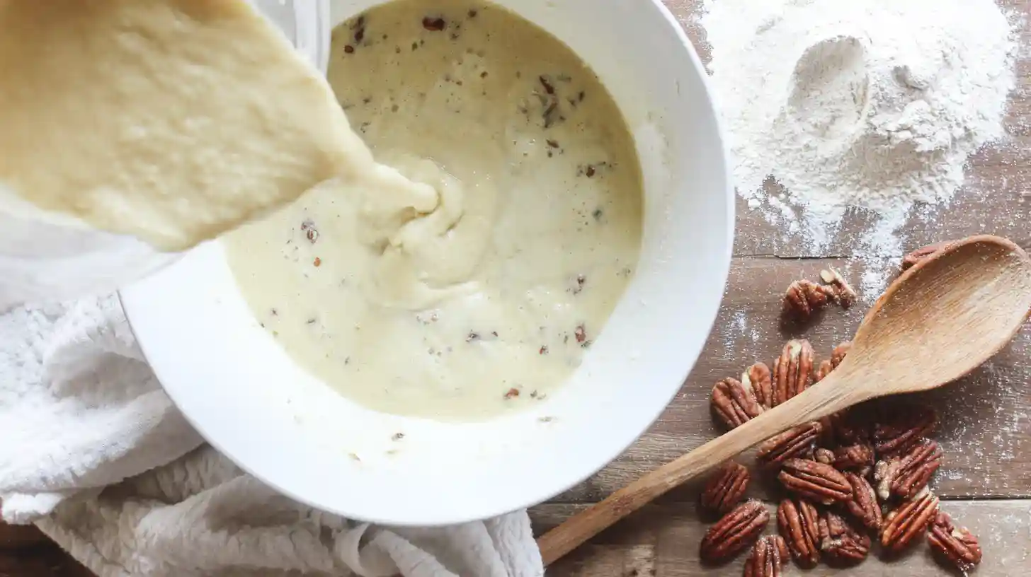 combine-wet-and-dry-pecanbread-batter Mixing wet and dry ingredients for Sweet Alabama Pecanbread