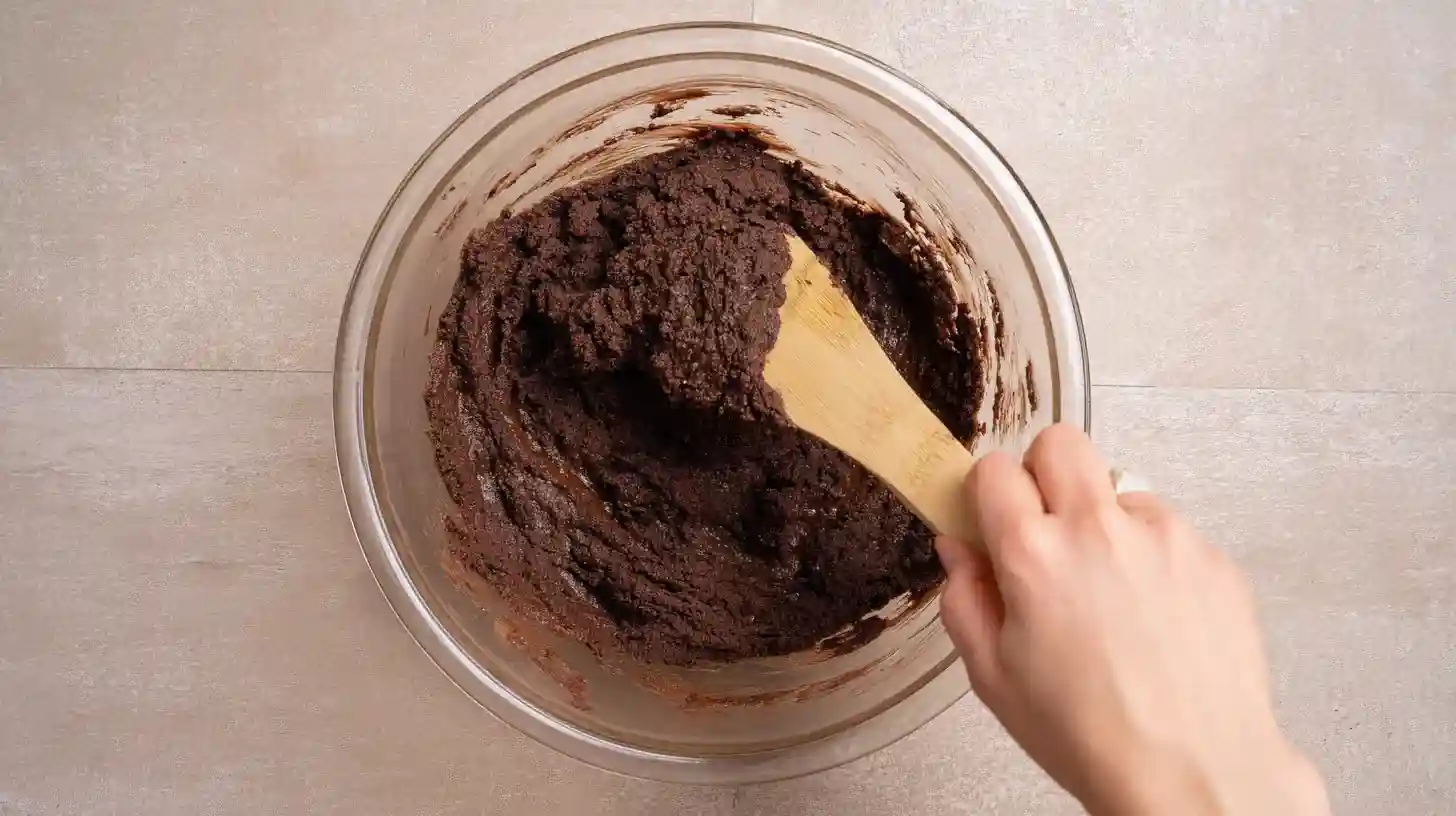 combine-wet-dry-chocolate-graham-dough Mixing dry ingredients into wet to form chocolate graham dough