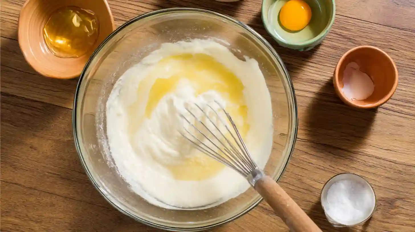 combine-wet-ingredients-dill-pickle-bread. Whisking pickle juice, buttermilk, butter, and egg for dill pickle bread