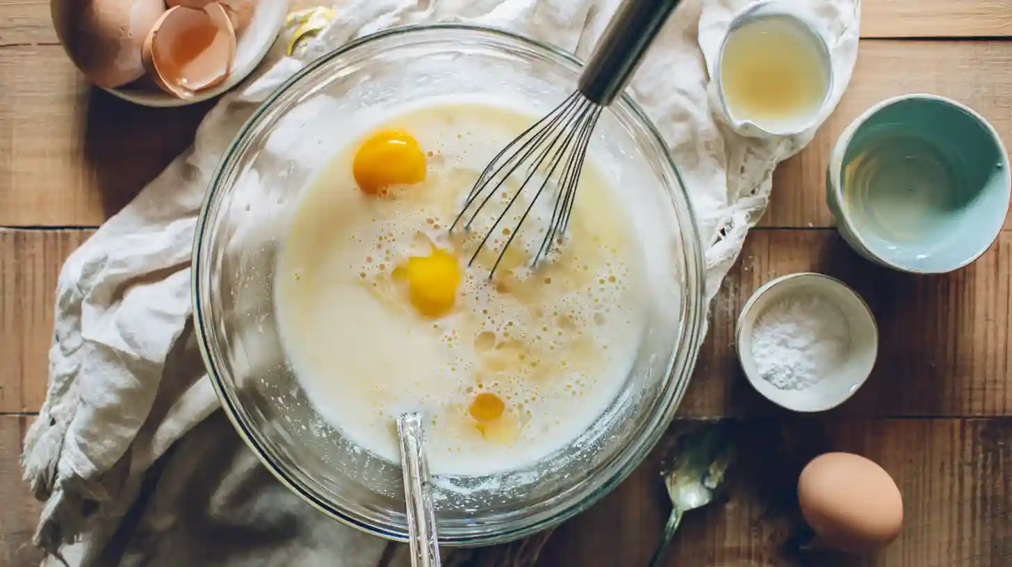 combine-wet-ingredients-lemon-cake Whisking eggs, milk, oil, and lemon juice for lemon cake
