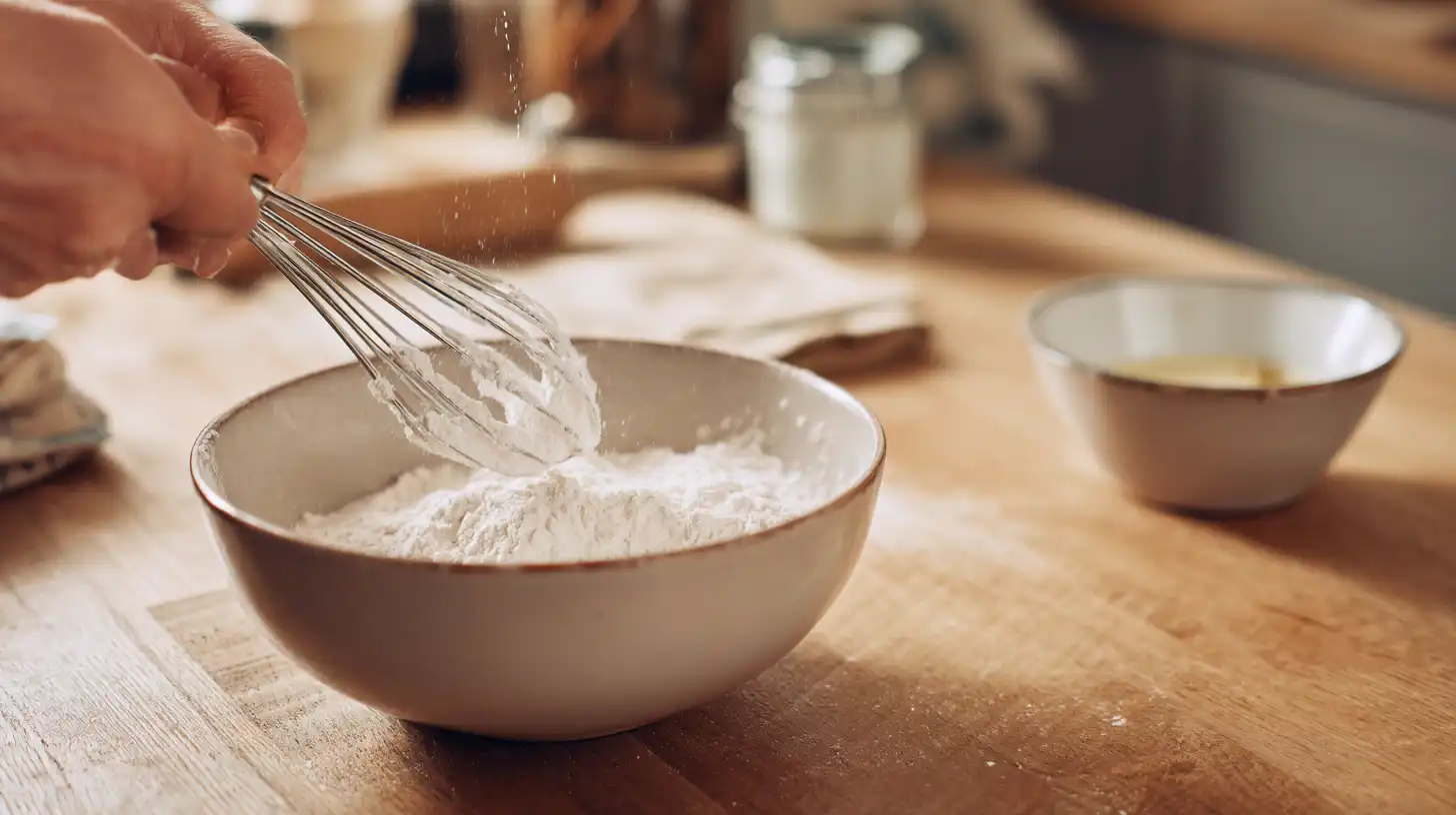 combining-dry-ingredients-cookie-bars Whisking flour, baking powder, and salt for cookie bar batter