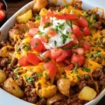Comforting Cheesy Taco Potatoes in a casserole dish