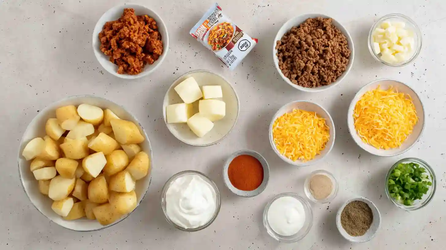 comforting-cheesy-taco-potatoes-ingredients Ingredients for Comforting Cheesy Taco Potatoes