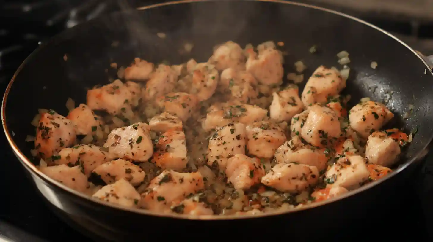 cook-chicken-onion-garlic-family-dinner-image Step 2 Chicken and onion cooking in skillet.image Step 2 – family friendly dinner recipes with high protein