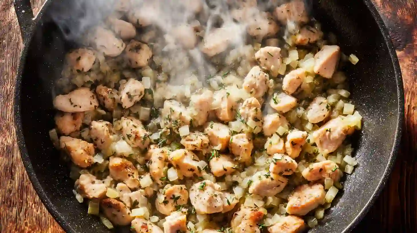 cooking-chicken-onion-garlic-seasoning Cooking diced chicken, onion, and garlic in skillet with seasoning
