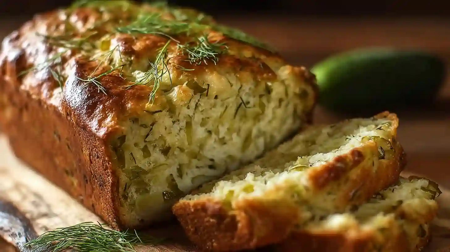 cool-slice-dill-pickle-bread Cooling and slicing fresh dill pickle bread on a wire rack