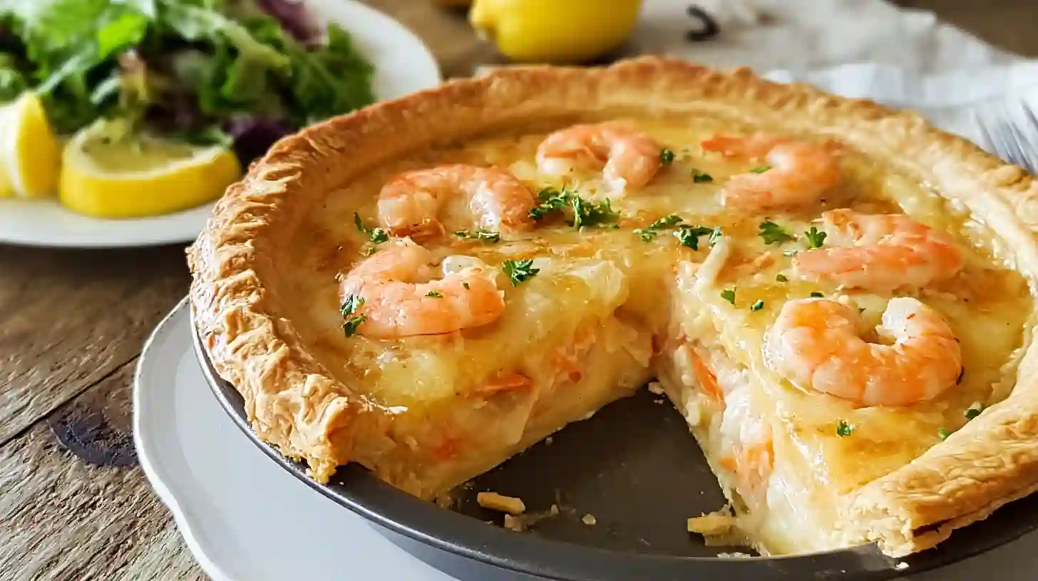 cool-slice-florida-shrimp-pie-Recipe Resting and slicing Florida Shrimp Pie Recipe for serving