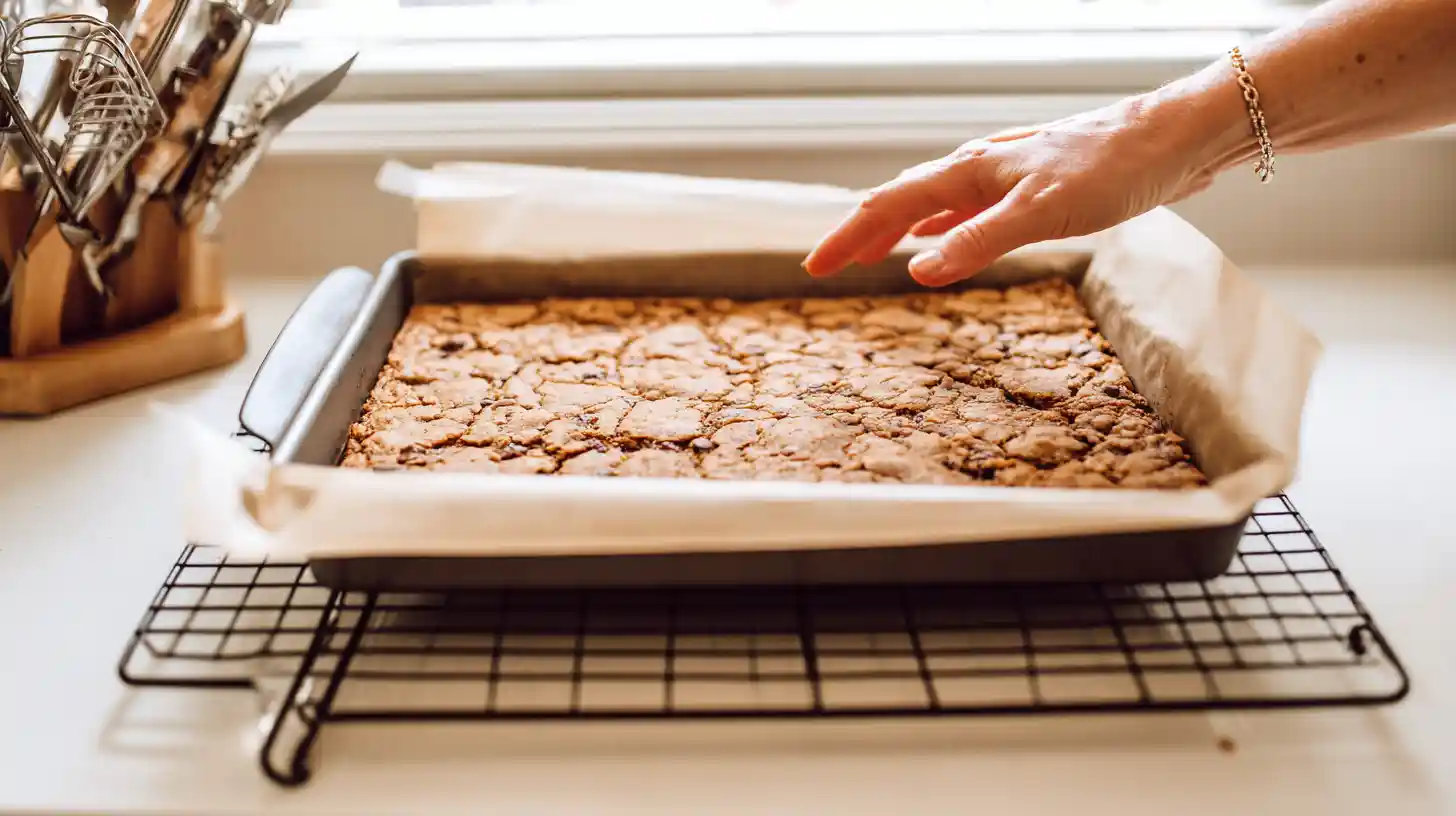 cooling-butterscotch-cookie-bars-pan Cooling butterscotch toffee cookie bars in baking pan