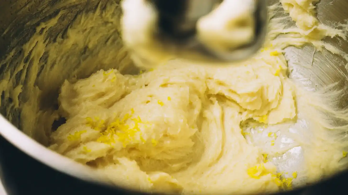cream-butter-sugar-lemon-cake Creaming butter and sugar with lemon zest for lemon cake batter