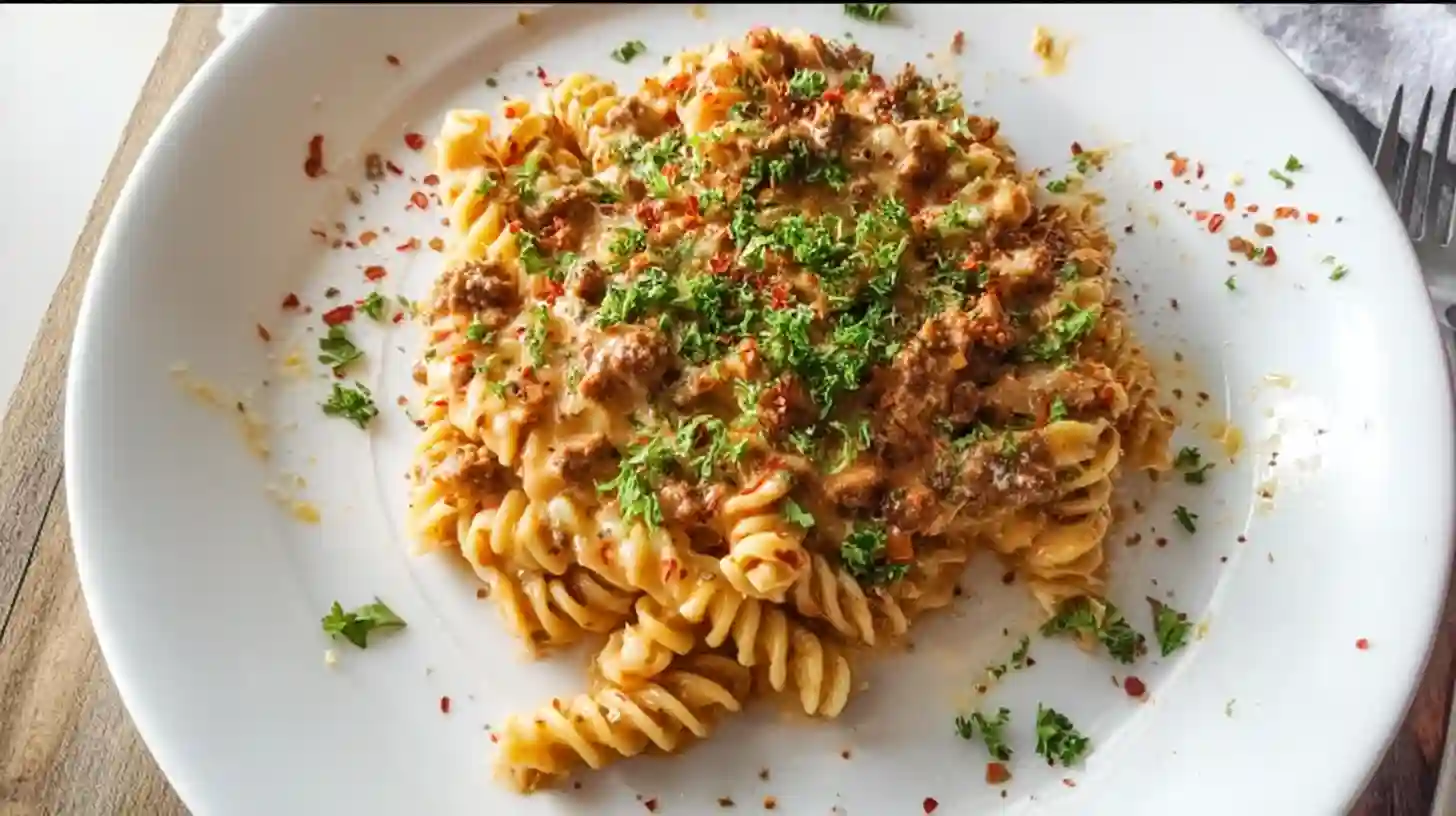 creamy-cajun-beef-rotini-final-garnish Creamy Cajun garlic beef rotini pasta garnished with parsley and red pepper flakes