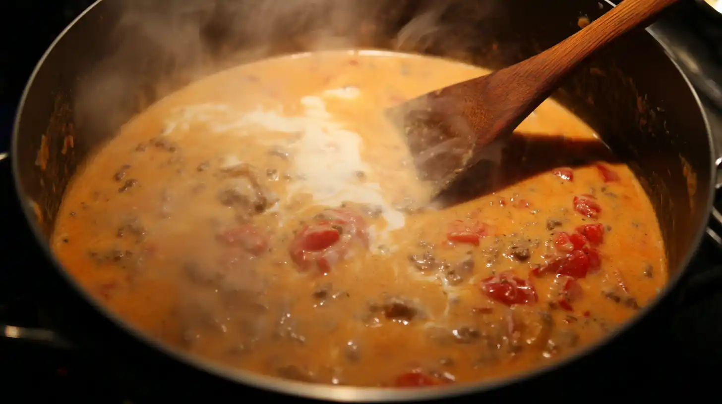 creamy-cajun-pasta-tomato-cream-cheese-beef Melting cream cheese into tomato beef sauce for creamy one-pot Cajun pasta dinner.Creamy One Pot Cajun Beef and Cheddar Pasta