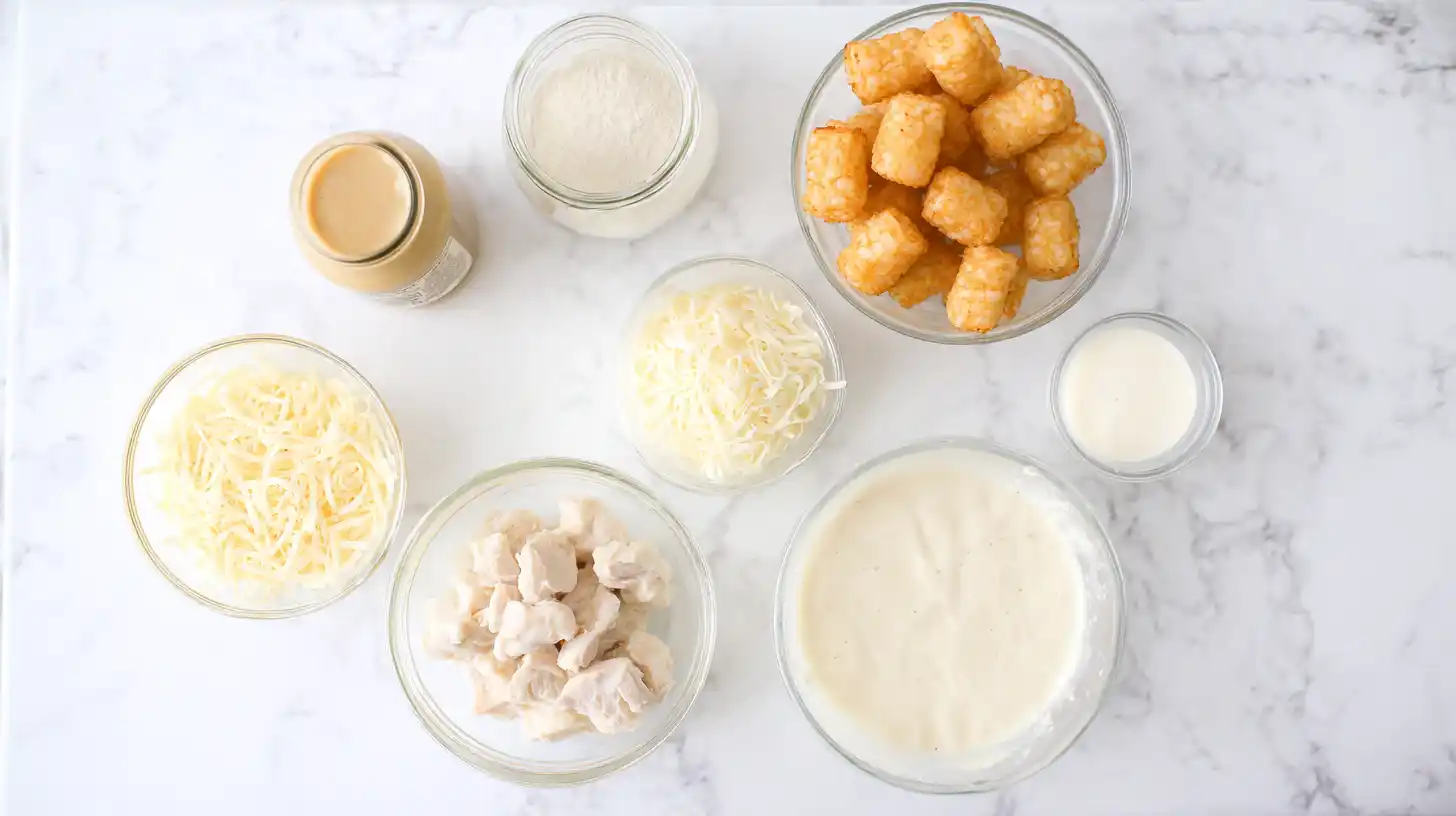 creamy-chicken-alfredo-tater-tot-casserole-Ingredients Ingredients for Creamy Chicken Alfredo Tater Tot Casserole.budget-friendly meals