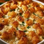 Creamy Chicken Alfredo Tater Tot Casserole on a farmhouse table.creamy chicken recipes