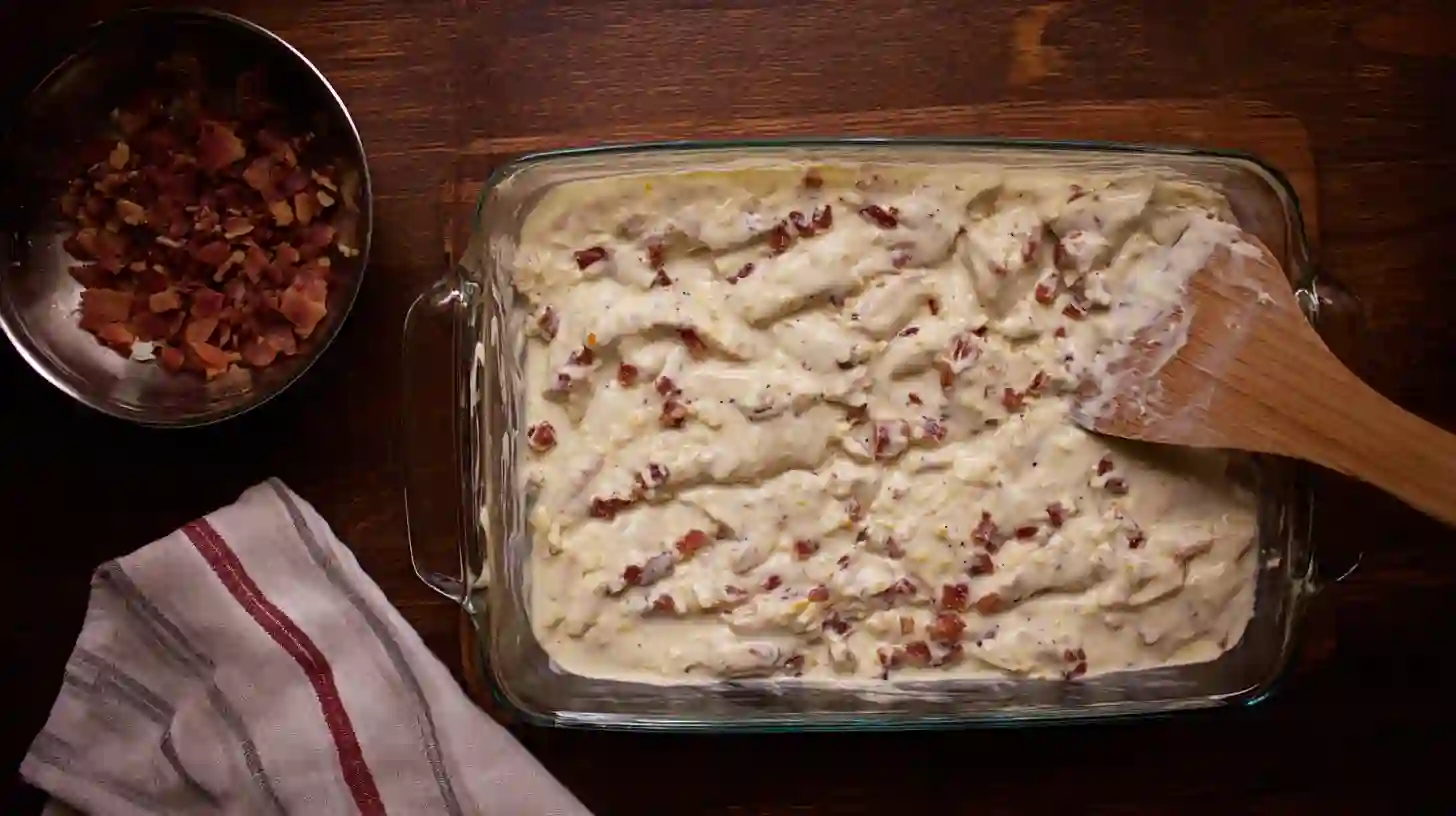 creamy-chicken-casserole-baking-dish Spreading creamy chicken Alfredo mixture into casserole dish for easy family dinner recipes and budget-friendly meals