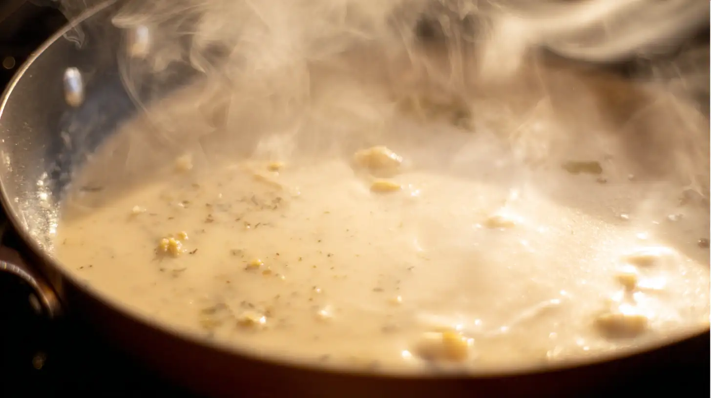 creamy-garlic-sauce-in-skillet Garlic, cream, and chicken broth simmering in skillet to make sauce.nonstick skillet for creamy pasta