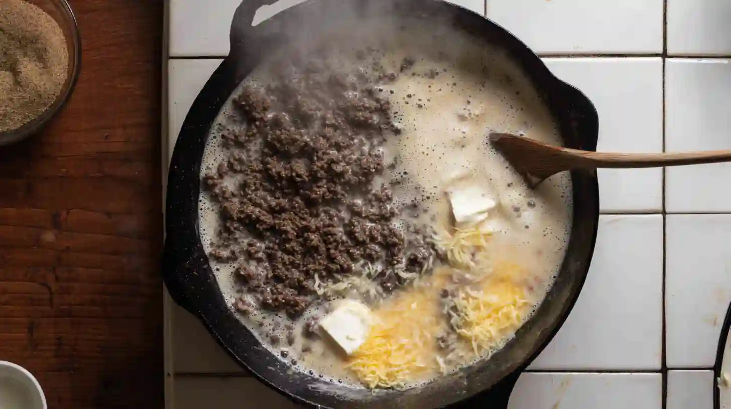 creamy-melting-cheese-butter-cajun-beef-skillet Cream cheese, butter, and cheddar melting into Cajun-seasoned beef for garlic pasta sauce
