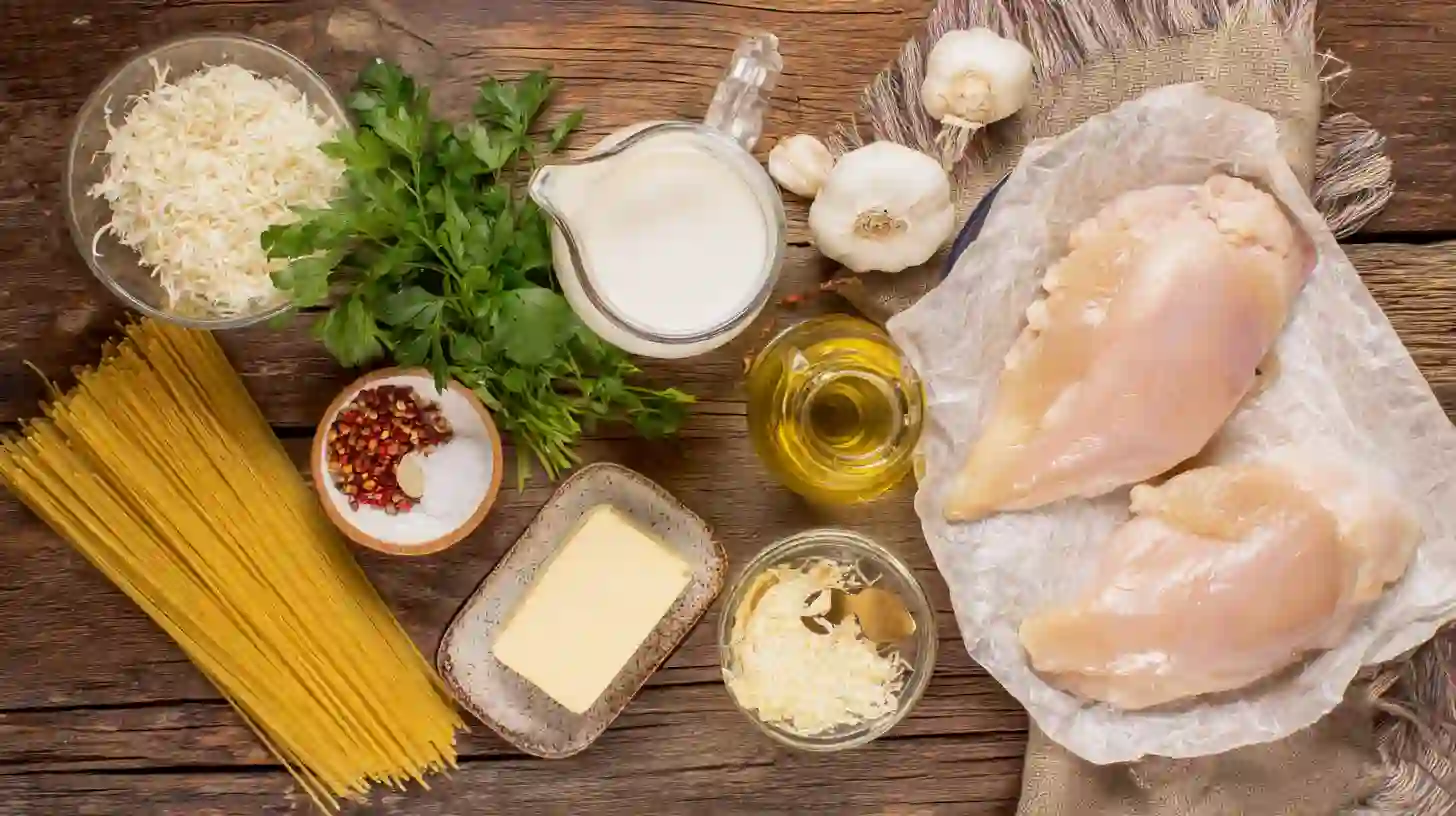 creamy-mozzarella-chicken-linguine-in-garlic-cajun-Image-ingredients Ingredients for Creamy Mozzarella Chicken Linguine in Garlic Cajun including chicken, pasta, mozzarella, and Cajun spices – perfect for easy creamy chicken dinners.Image-ingredients