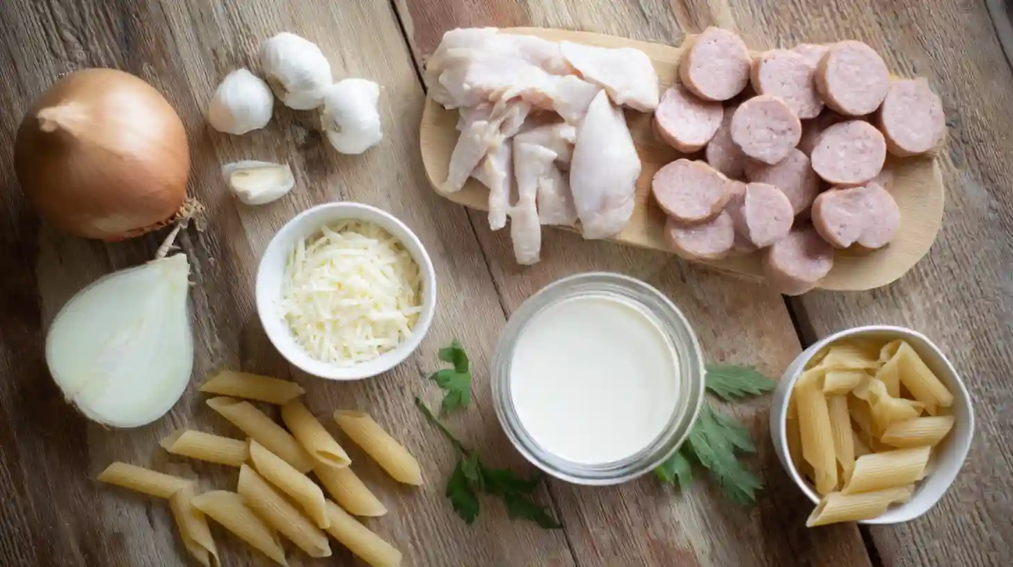 creamy-pepper-jack-Chicken-and-Sausage-pasta-ingredients Ingredients for Creamy Pepper Jack Chicken and Sausage Pasta