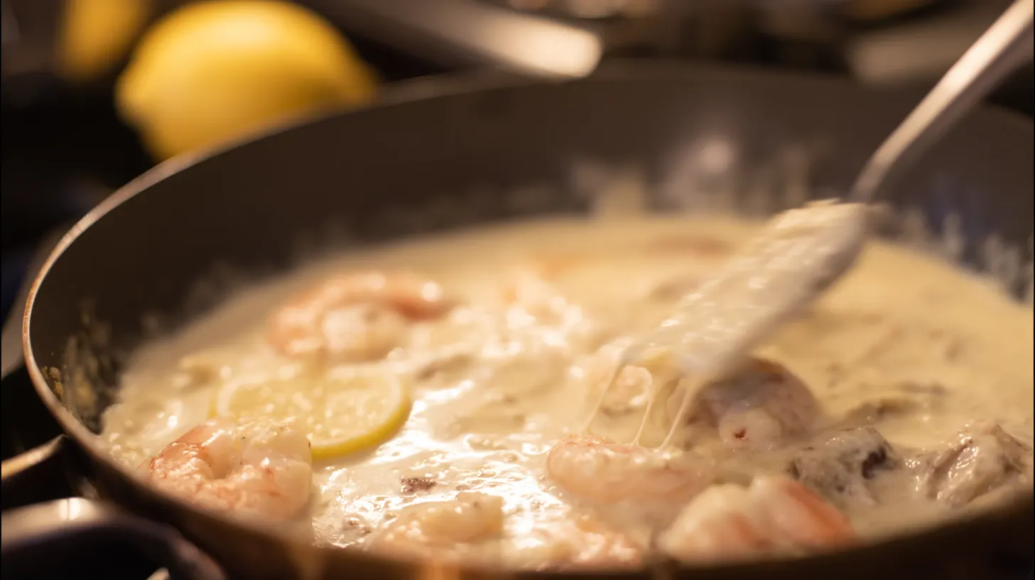 creamy-seafood-base-cooking-step Stirring cream, cheese, and seafood in a skillet for creamy base