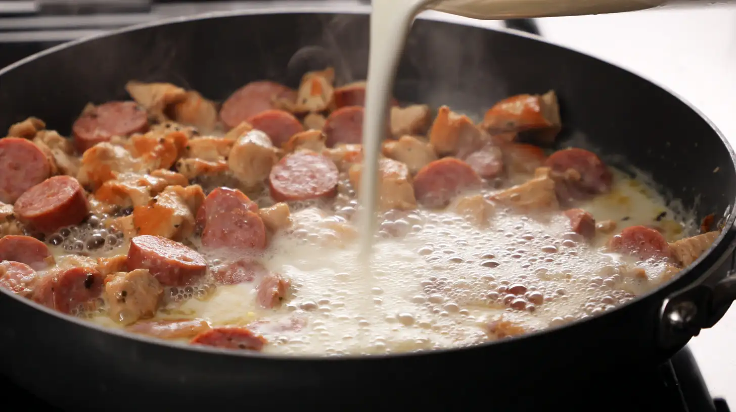 creamy-skillet-sauce-chicken-sausage-image-Step 4 Simmering chicken sausage cream sauce.image-Step 4 – creamy pasta skillet dinner recipe