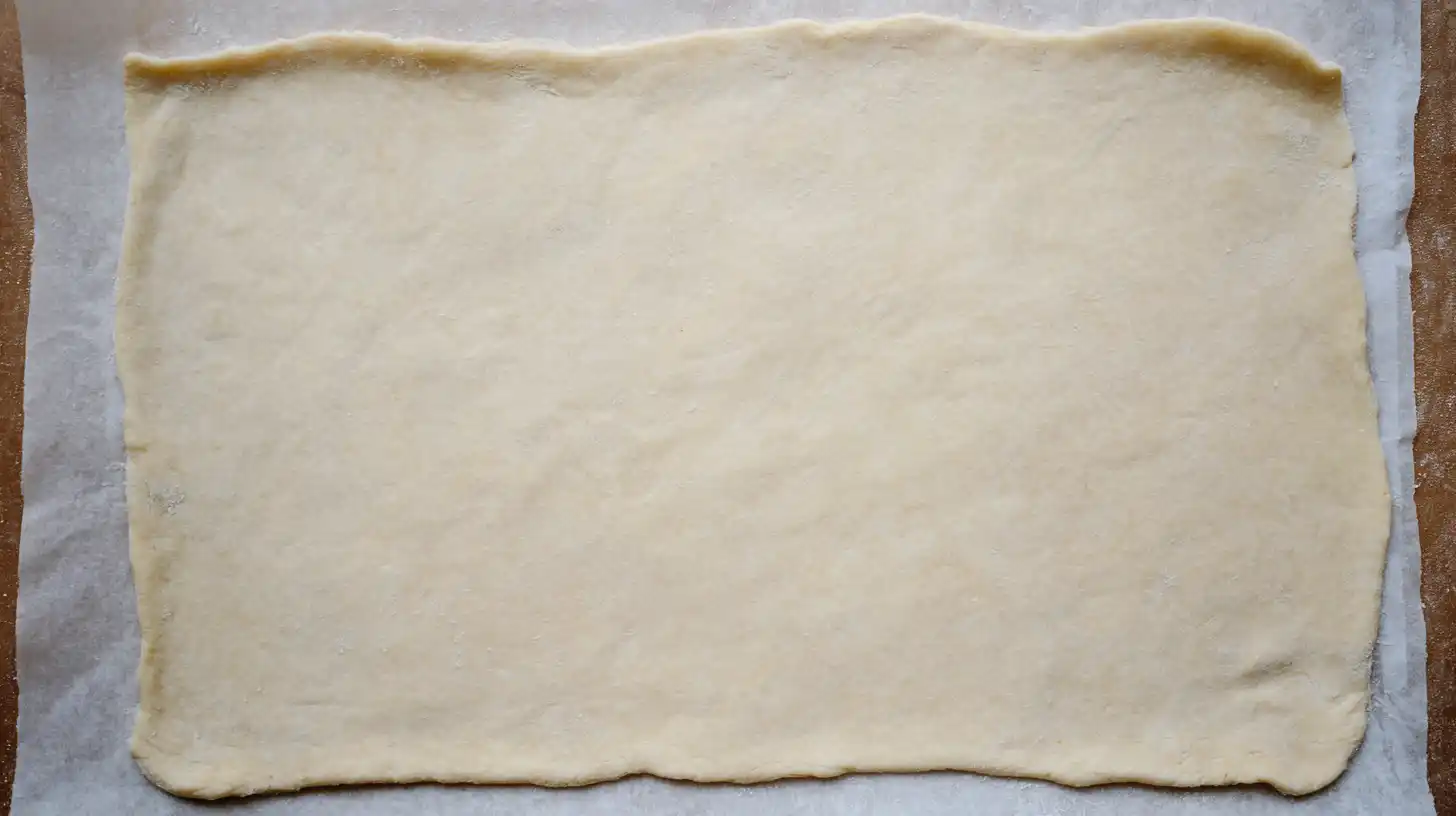 crescent-roll-dough-unrolled-step 2 Crescent roll dough sheet on baking tray for Cinnamon-Sugar Pizza made with Crescent.easy crescent roll dessert recipes