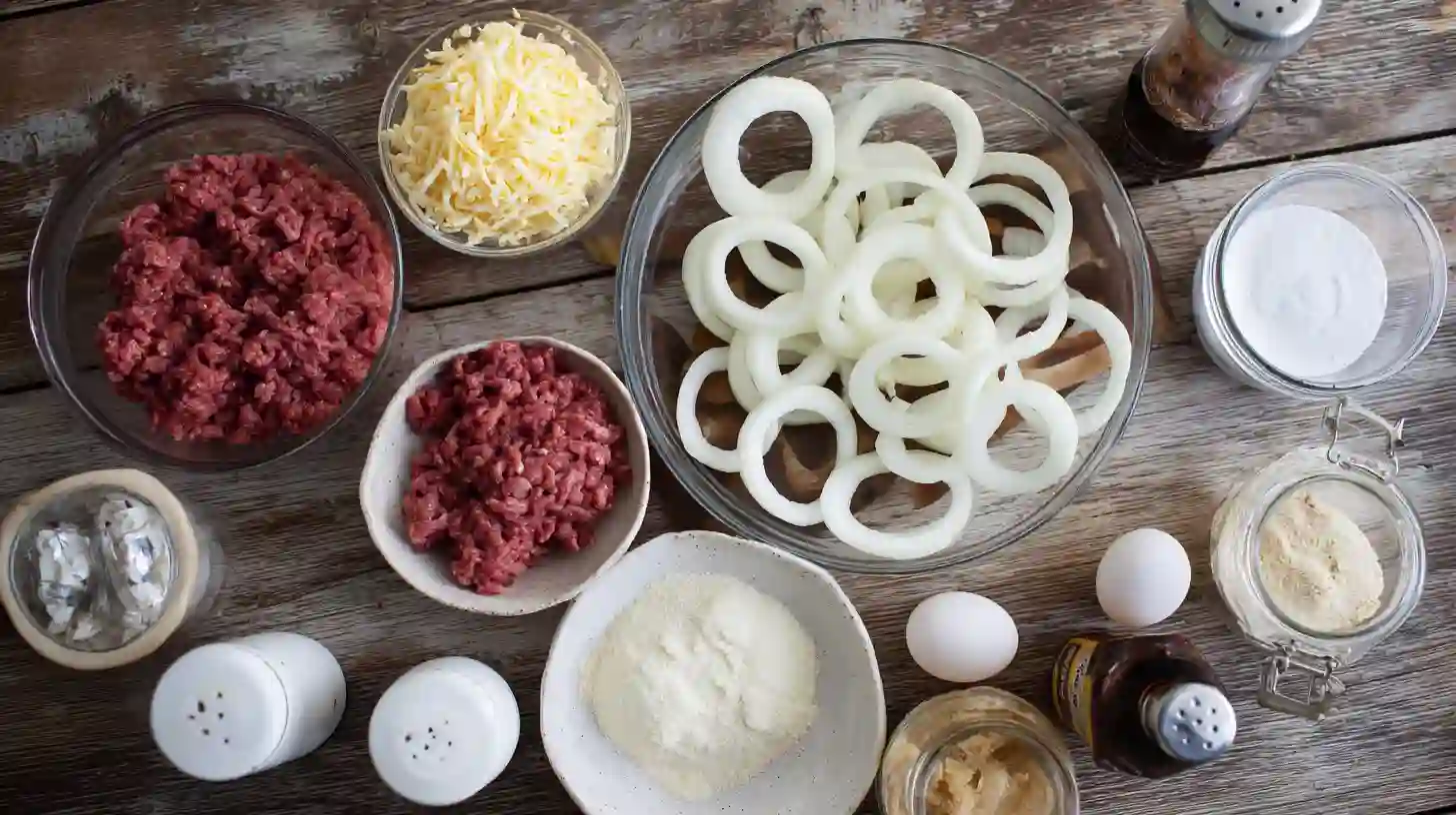 crispy-bacon-cheeseburger-loaded-onion-ring-bombs-Ingredients Ingredients for Crispy Bacon Cheeseburger Loaded Onion Ring Bombs including beef, cheddar, bacon, and onion rings – perfect for high protein snack recipes