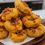 Crispy bacon cheeseburger onion rings draining on paper towels with dipping sauces – best budget-friendly family dinner and high-protein snack recipe