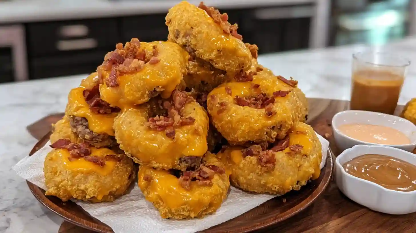 crispy-cheeseburger-onion-rings-dipping-sauce-family-dinner Crispy bacon cheeseburger onion rings draining on paper towels with dipping sauces – best budget-friendly family dinner and high-protein snack recipe