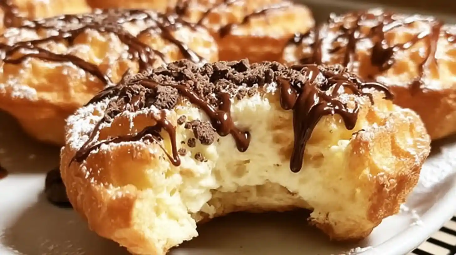 crispy-cheesecake-croffles-topped-served Crispy Cheesecake Cookie Croffles topped with powdered sugar and crushed cookies – viral croffle recipe, quick cheesecake-filled snacks, TikTok dessert trends 2025