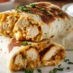 Served crispy parmesan garlic chicken burritos sliced and garnished with fresh parsley