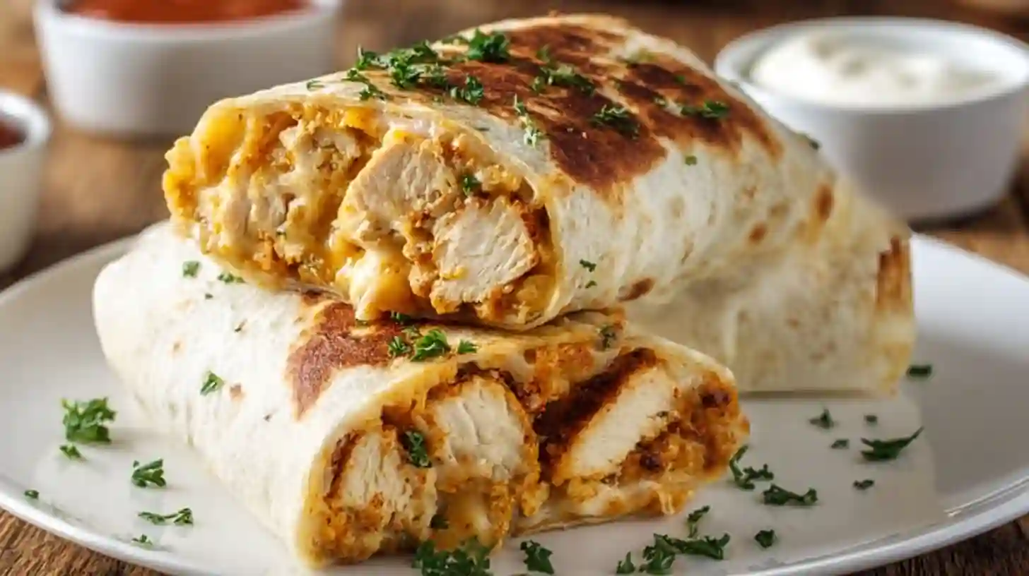 crispy-parmesan-garlic-chicken-burrito-Recipe-Served Served crispy parmesan garlic chicken burritos sliced and garnished with fresh parsley