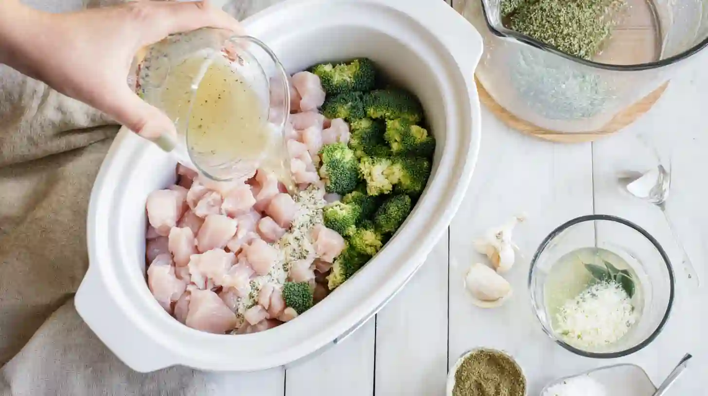 crockpot-chicken-broccoli-mac-cheese-step-1 Step 1 Crockpot Chicken and Broccoli Mac and Cheese – start of easy crockpot chicken dinner with broccoli and ranch seasoning.healthy crockpot chicken recipes