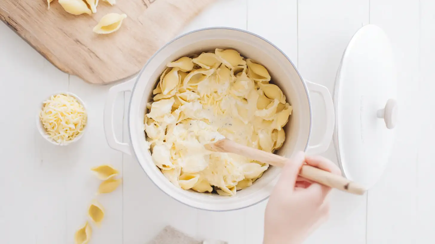 crockpot-chicken-broccoli-mac-cheese-step-4-shells Step 4 Crockpot Chicken and Broccoli Mac and Cheese – shell pasta, cheddar cheese, and cream stirred for creamy crockpot family dinners.best crockpot chicken dinner