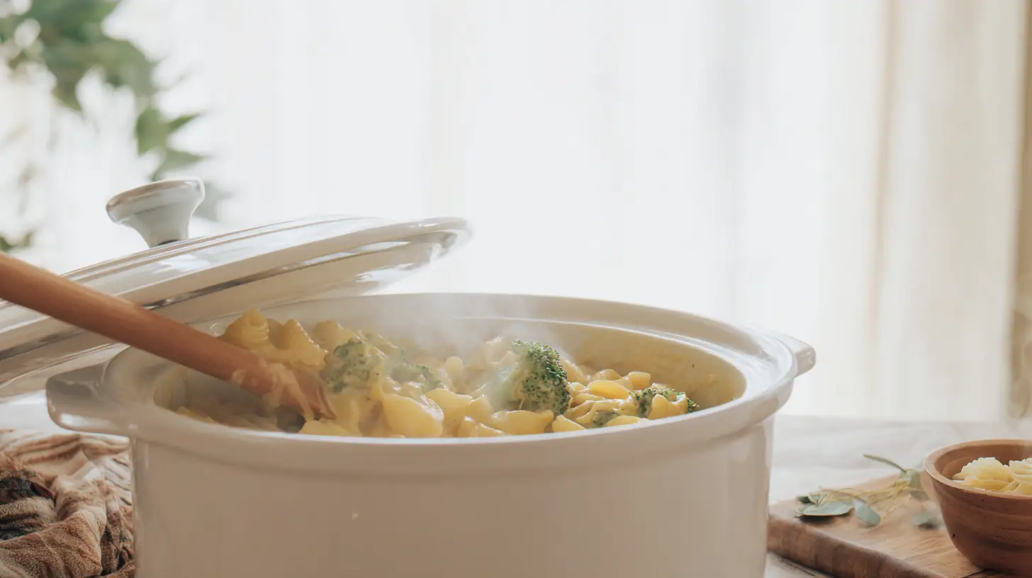 crockpot-chicken-broccoli-mac-cheese-step-5-final-cook Step 5 Crockpot Chicken and Broccoli Mac and Cheese – final slow cook for creamy cheesy chicken dinner with shell pasta.easy creamy chicken meals and budget-friendly weeknight dinners.